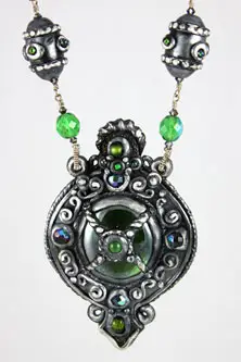Emerald and silver polyclay necklace