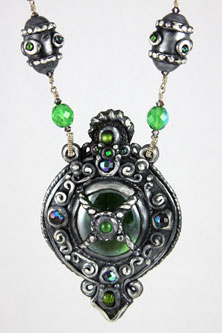Emerald and silver polyclay necklace